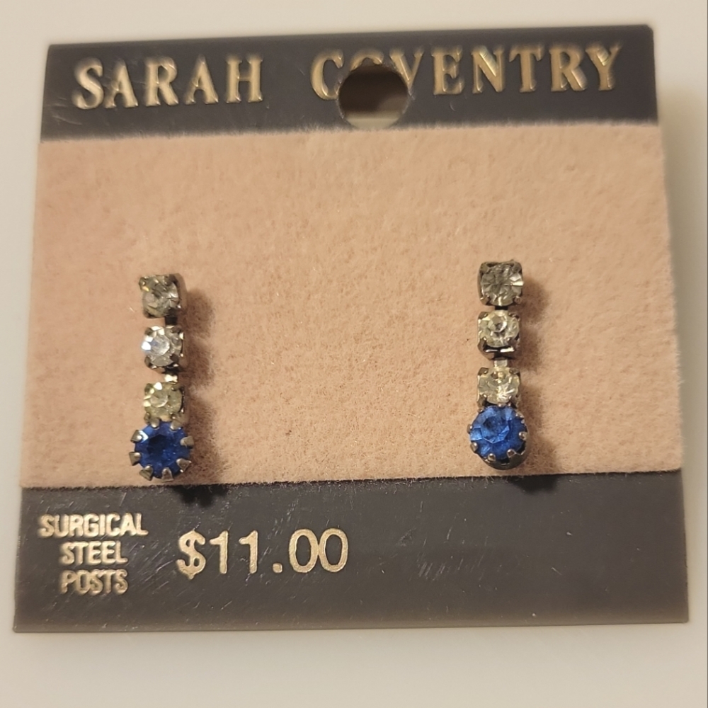 Sarah Coventry Vintage Silver Tone Rhinestone Earrings Dangle Straps